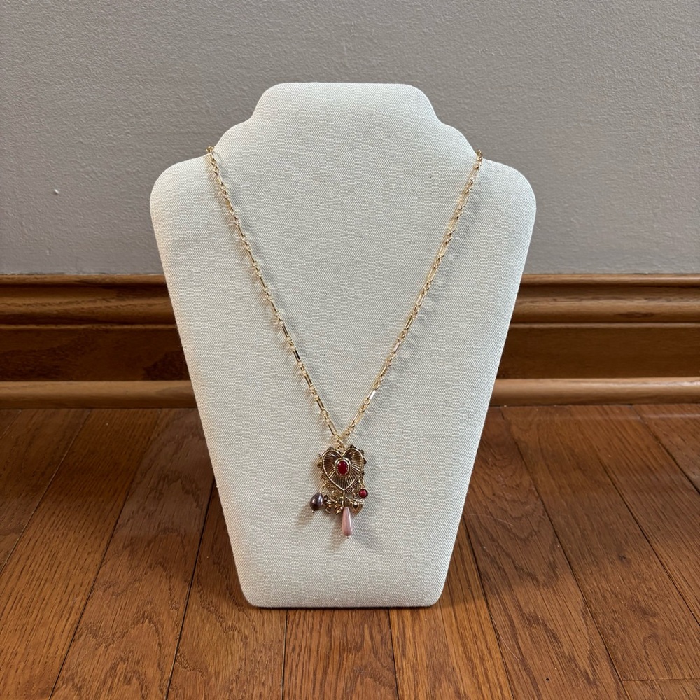 Long Gold Tone Chain Link Charm Necklace with Heart Pendant
